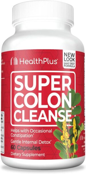 Health Plus Super Colon Cleanse 15 Day Supply of Gentle Gut Cleanse Detox, Psyllium Husk, Probiotics for Constipation Relief & Digestive Support, 60 Capsules