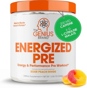 Genius Energized Pre Workout Powder, Sour Peach Rings - Caffeine Infused Pre-Workout Booster Supplement with Beta Alanine & Alpha GPC - No Artificial Sweetener or Dyes – 200mg Caffeine