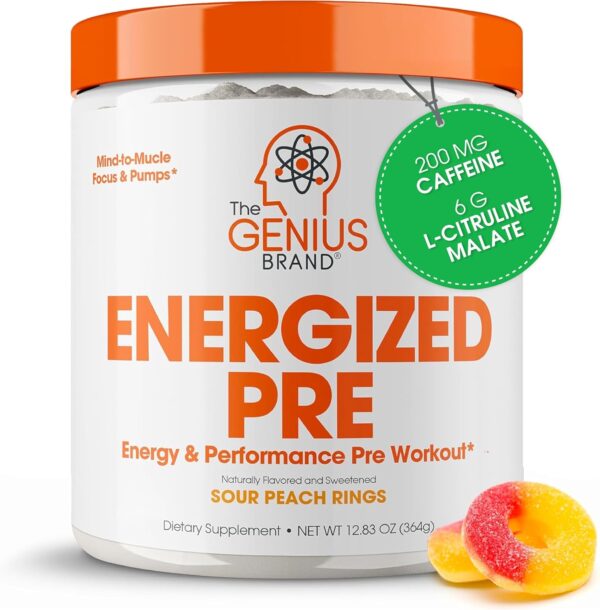 Genius Energized Pre Workout Powder, Sour Peach Rings - Caffeine Infused Pre-Workout Booster Supplement with Beta Alanine & Alpha GPC - No Artificial Sweetener or Dyes – 200mg Caffeine