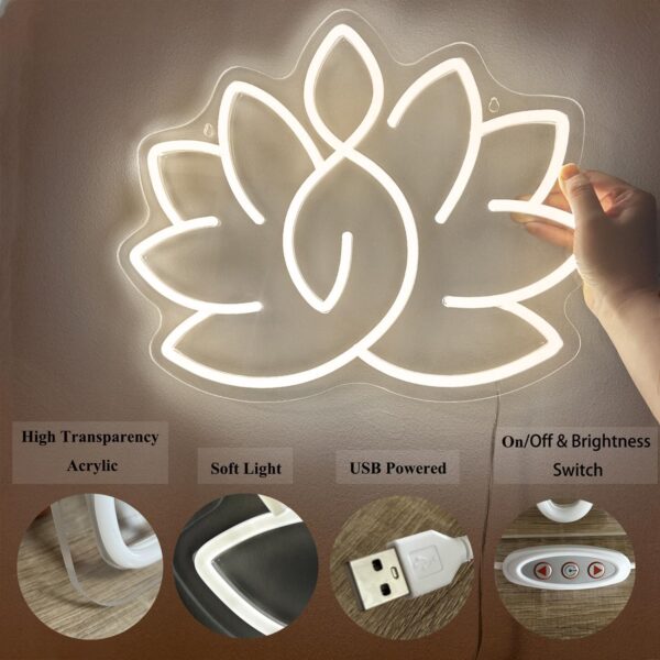 Lotus Flower Neon Sign for Zen Wall Art, Meditation Accessories for Yoga Room, Dimmable Spiritual Neon Lights Decor, Light Up Wall Art for Home or Yoga Studio,12 * 15.3 inch,white