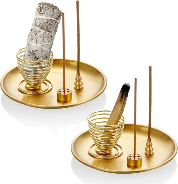 ZenBless 5 in 1 Incense Burner, Palo Santo Holder, Sage Holder, Incense Holder for Incense Sticks/Coil Incense/Incense Cones, 5.5 inches Brass Ash Catcher for Meditation Yoga Room (Gold_2pcs)