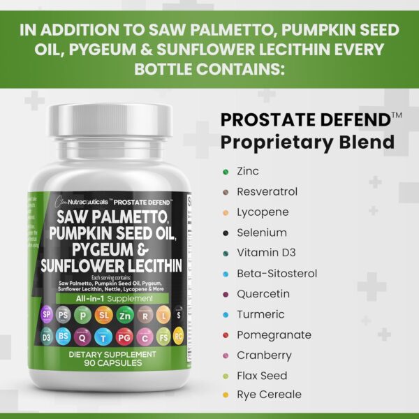 Clean Nutraceuticals Saw Palmetto Pumpkin Seed Oil Pygeum Sunflower Lecithin Stinging Nettle Cranberry - Prostate Supplements for Men with Lycopene - 90 Caps
