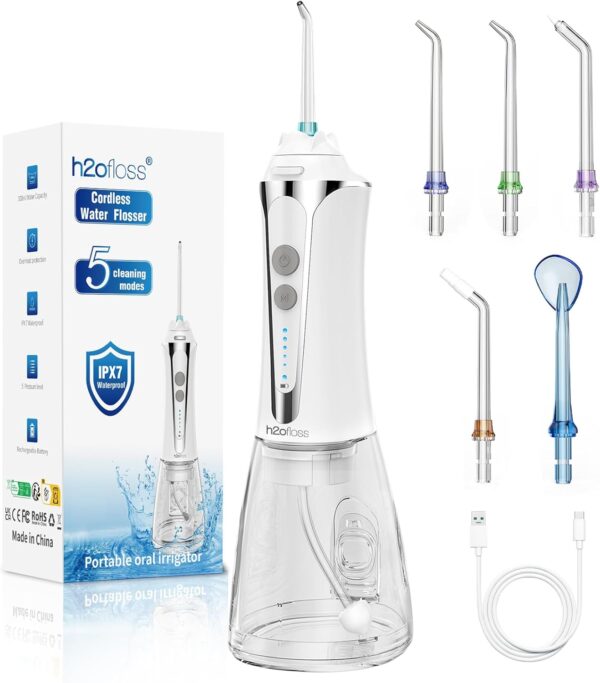 H2ofloss Water Dental Flosser Cordless, 300ML Rechargeable Oral Irrigator for Teeth Cleaning, Portable & IPX7 Waterproof Teeth Cleaner Pick for Braces Home Travel