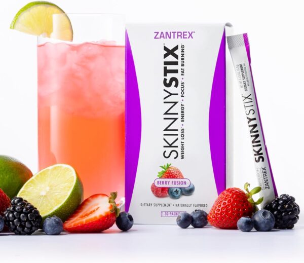 Zantrex SkinnyStix Energy Powder – Lose Weight, GLP-1, Appetite Suppressant, Boost Mood – 10 Calories – Yerba Mate, Coffee Bean – 30 Stix, Berry
