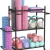 Hadulcet Yoga Mat Storage Rack, Stable Home Gym Storage for Dumbbells, Kettlebell, Workout Equipment Storage Organizer with Removable Hooks, Yoga Mat Holder for Easy to Move