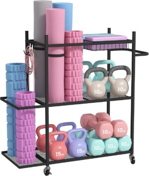 Hadulcet Yoga Mat Storage Rack, Stable Home Gym Storage for Dumbbells, Kettlebell, Workout Equipment Storage Organizer with Removable Hooks, Yoga Mat Holder for Easy to Move