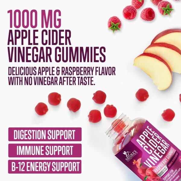 Apple Cider Vinegar Gummies 1000mg for Detox & Cleanse, ACV Gummy Vitamin B12 for Digestion Metabolism & Immune Health Support, Natural Apple Raspberry Flavor, Gluten Free & Vegan - 120 Gummies