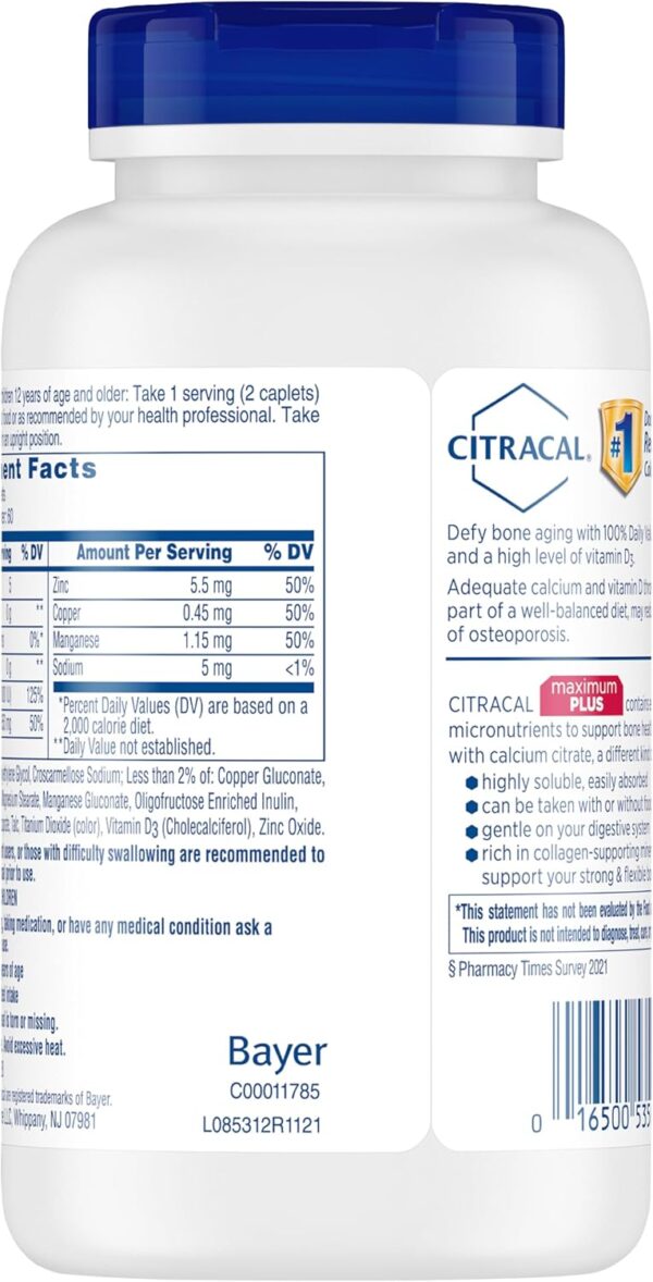 Citracal Maximum Plus, 650 mg Calcium Citrate, easily absorbed and highly soluble with 25 mcg (1000 IU) Vitamin D3, Bone Health Support, Calcium Supplement for Ages 12+, 120 Count