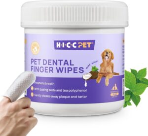 HICC PET Teeth Cleaning Wipes for Dogs & Cats, Remove Bad Breath by Removing Plaque and Tartar Buildup, Disposable Dog Finger Toothbrush Gentle Pet Dental Care Wipes, 50 Counts, (Mint Scent)