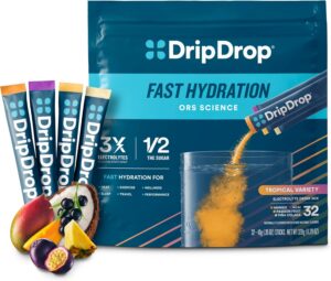 DripDrop Hydration - Tropical Variety Pack - Electrolyte Drink Mix Single Serve Hydration Powder Packets - Mango, Açaí, Passion Fruit, Piña Colada | Non-GMO, Gluten Free, Vegan | 32 Sticks