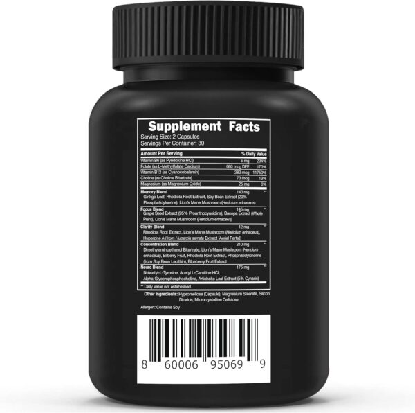 Vital Vitamins Nootropic Brain Supplement Plus - for Memory, Focus, Concentration, Neuro Energy, Clarity - with Lion's Mane Mushrooms - 60 Capsules
