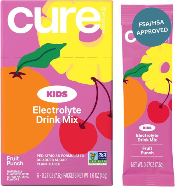Cure Hydration - Kids Electrolyte Drink Mix | Plant-Based Pediatrician Formulated Rehydration | No Added Sugar, Non-GMO, Gluten-Free, No Artificial Flavors, FSA & HSA | Box of 6 Packets - Fruit Punch