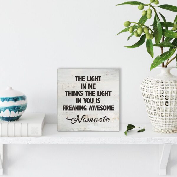 Namaste Quote the Light in Me Thinks the Light in You Wood Box Sign Rusitc Wooden Box Sign Yoga Meditation Room Desk Shelf Decor (5 X 5 Inch)
