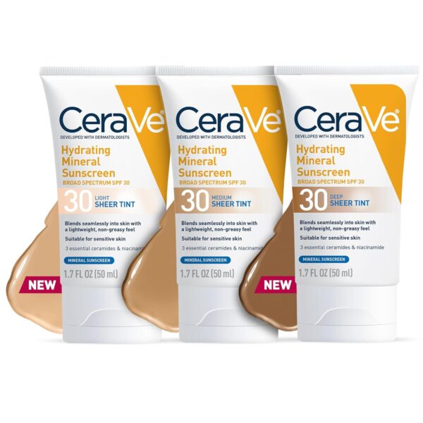 CeraVe Hydrating Mineral Sunscreen SPF 30 with Sheer Tint, Tinted Mineral Sunscreen with Zinc Oxide & Titanium Dioxide, Blends Seamlessly For Healthy Glow, Medium, 1.7 Fluid Ounce