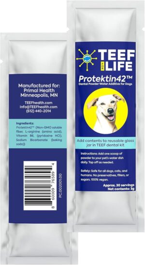 Teef For Life Protektin42 Plant-Derived Prebiotic Dental Powder for Dogs, Daily Dental Care, Clinically-Proven Formula Naturally Fights Plaque and Tartar, Refill Packet with 30 Servings
