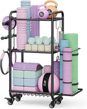 Weight Rack for Home Gym, All in One Yoga Mat Storage Rack, Workout Equipment Storage with Wheels and Hooks for Dumbbells Kettlebells Foam Rollers, Powder Coated Finish Steel