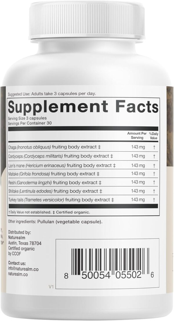 Naturealm Sacred 7 Mushroom Capsules Supplement – Boost Immunity, Focus, Vegan, Non-GMO – Lion’s Mane, Cordyceps, Reishi, Chaga, Maitake, Shiitake – Organic Fruiting Bodies, 30-Day Supply