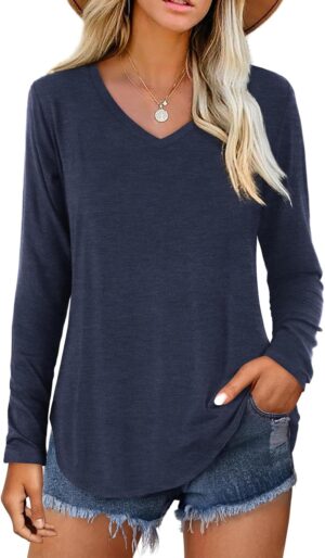 Amoretu Womens T Shirts Long Sleeve V Neck Shirts Casual Basic Tees