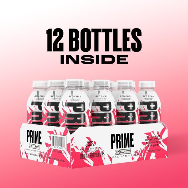 PRIME ICE Hydration RED CHILL, Sports Drinks, Electrolyte Enhanced for Ultimate Hydration, 250mg BCAAs, B Vitamins, Antioxidants, Low Sugar, 16.9 Fl Oz, 12 Pack
