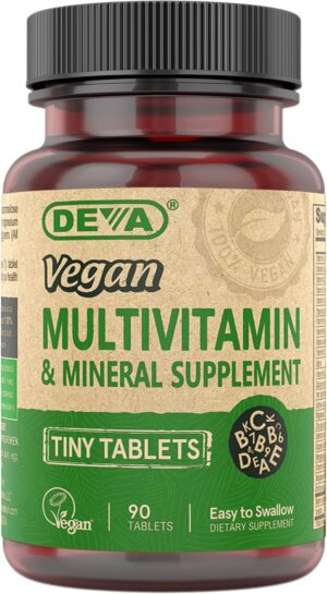 DEVA Tiny Tablets Vegan Vitamins Multivitamins for Women & Men, Multivitamin with Iron, Mineral Supplement, Vitamin C, Vitamin B Complex, Vitamin B12, Vitamin E, Zinc, Gluten Free, 90 Tablets