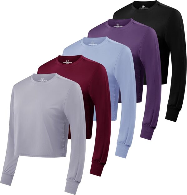 Real Essentials 5 Pack: Women's Dry Fit Crop Top - Long Sleeve Crew Neck Stretch Athletic Tee (Available in Plus Size)