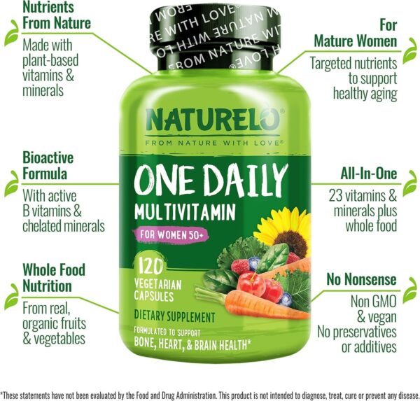 NATURELO One Daily Multivitamin for Women 50+ (Iron Free) - Menopause Support for Women Over 50 - Whole Food Supplement - Non-GMO - No Soy - 120 Capsules - 4 Month Supply