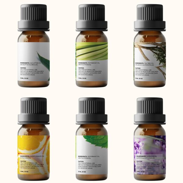 Essential Oils Set Pure Aroma - Top 6 Aromatherapy Oils Gift Set for Diffusers, Home Care, Candel Making Scents, Fragrance -Eucalyptus, Lavender, Lemongrass, Sweet Orange, Peppermint, Tea Tree (10ml)