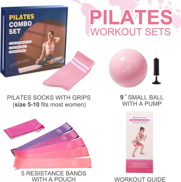 Pilates Ball Resistance Bands Pilates Socks Sets, Loop Exercise Bands 5 Levels, Small Pilates Ball 9 Inch, Non Slip Socks Grips Yoga Kit for Home Workouts