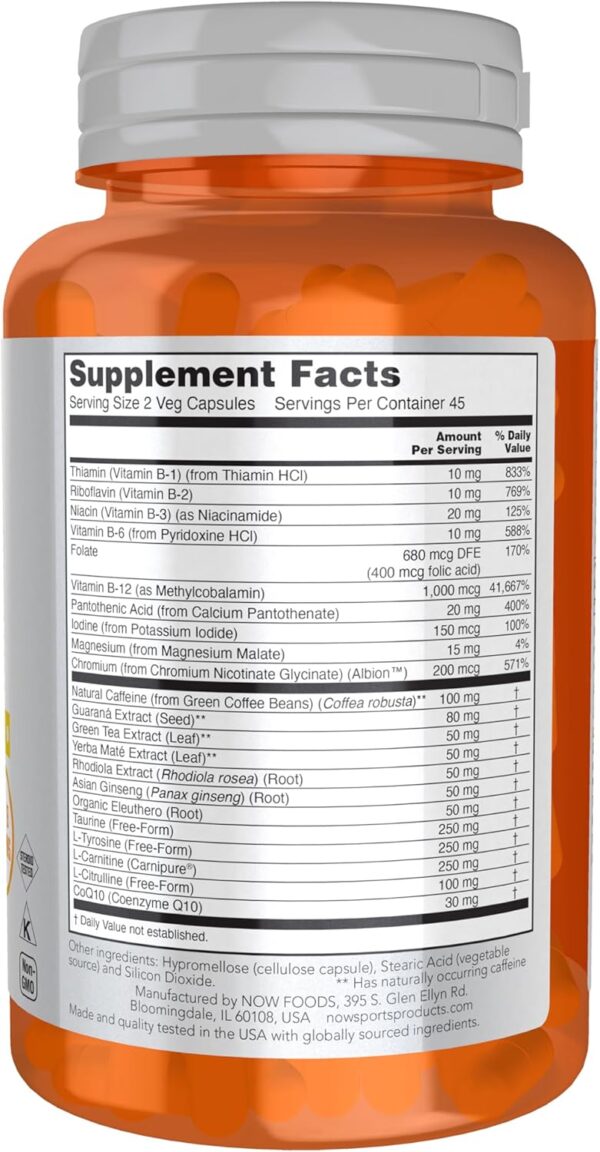 NOW Foods Sports Nutrition, Sports Energy Extreme with B Vitamins and other cofactors such as Chromium, Magnesium Malate and Carnitine, 90 Veg Capsules
