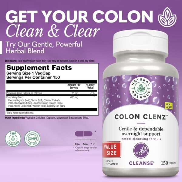 Natural Balance Colon Clenz | Herbal Colon Cleanse & Detox Supplement | Gentle & Dependable Overnight Formula (150 CT)