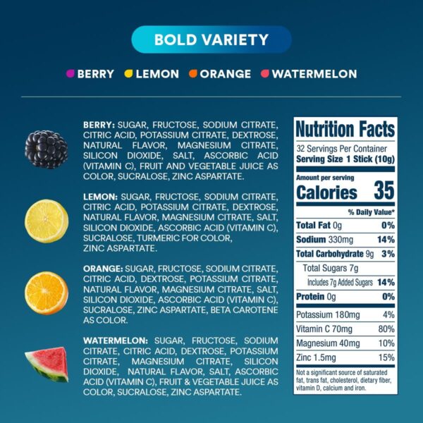 DripDrop Hydration - Bold Variety Pack - Electrolyte Drink Mix Single Serve Hydration Powder Packets - Watermelon, Berry, Lemon, Orange | Non-GMO, Gluten Free, Vegan | 32 Sticks