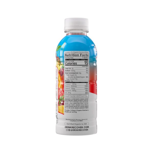 RECOVER 180 Organic Sports Hydration Drink, No Sugar Added, 15 Calorie Sports Beverage, Organic Flavors With Vitamins, Potassium-Packed Electrolytes (16.9 Fl Oz (Pack of 12), Fruit Punch)