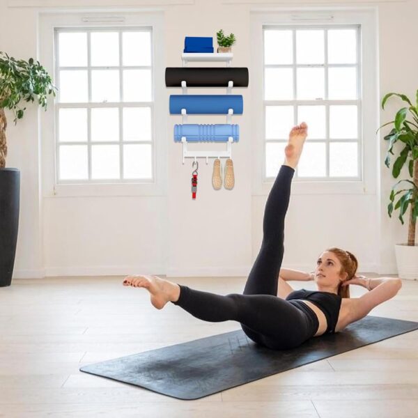 LSK Yoga Mat Holder Wall Mount, White Yoga Mats Storage Rack, Home Gym Storage with Metal Floating Shelf for Storing Fitness, Yoga Mat Rack with 5 Hooks for Hanging Foam Rollers and Resistance Bands