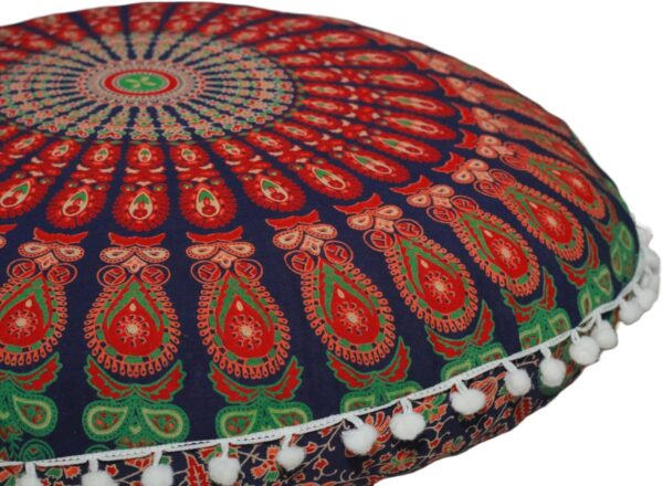 CRAFT KALA Mandala Floor Pillow Cushion Cover Seating Throw Cover Hippie Decorative Bohemian Ottoman Poufs Pom Pom Pillow Cases Boho Indian Cotton Living Room Yoga Home Décor (24" Round, Multi Mirchi)