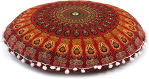 CRAFT KALA 32 Inch Large Hippie Boho Mandala Meditation Home Floor Pillow Cushion Pouf Cover Round Poufs Cover Bohemian Circle Floor Cushion Cover Case for Outdoor Yoga Living Room Decor (Red Mirchi)