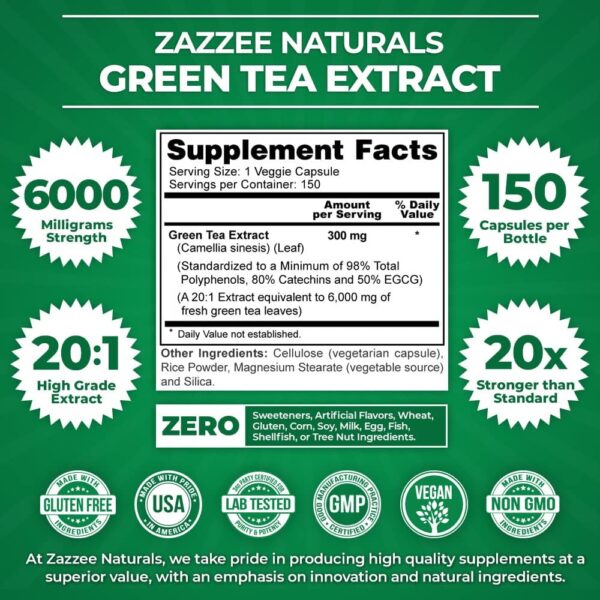 Zazzee Extra Strength Green Tea 20:1 Extract, 6000 mg Strength, 50% EGCG, 98% Polyphenols and 80% Catcehins, 150 Vegan Capsules, 5 Month Supply, Standardized and Concentrated 20X Potency, Non-GMO