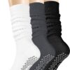 AURUZA Grip Pilates Socks for Women, Yoga Long Slouch Socks with Grip for Barre Non Slip Knee High Toe Socks