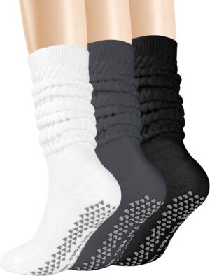 AURUZA Grip Pilates Socks for Women, Yoga Long Slouch Socks with Grip for Barre Non Slip Knee High Toe Socks