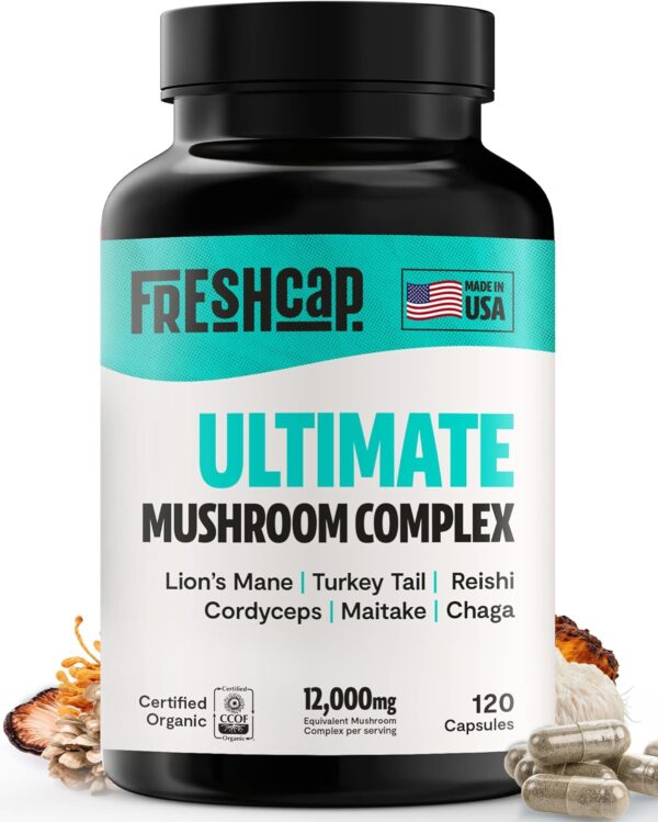 FreshCap Ultimate Mushroom Supplement 12,000mg - Mushroom Complex Capsules, Organic Mushrooms Supplement, Mushroom Extract, Ayurveda Mushroom Blend Nootropic (120 Capsules)