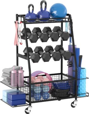 Weight Rack for Dumbbells - Dumbbell Rack for Home Gym - Home Gym Storage Rack for Dumbbells and Strength Training Equipment - Weight Rack for Home Gym with Side Shelves, Hooks and Wheels