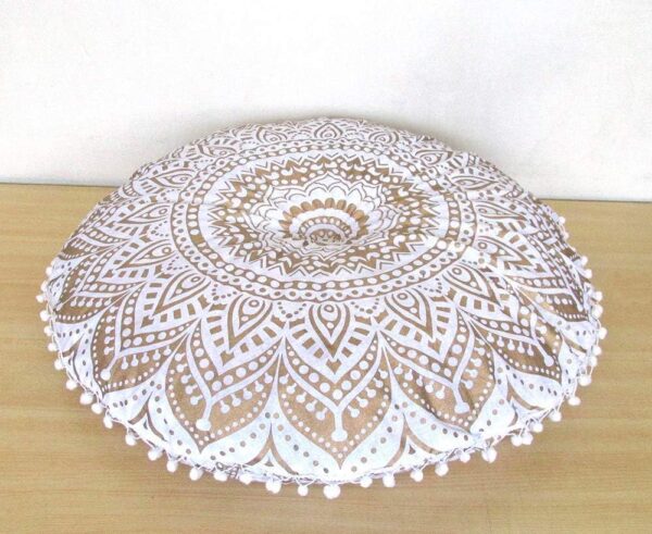 CRAFT KALA 32 Inch Meditation Floor Pillow Cover Round Pillow Seating Hippie Decorative Adults Bohemian Mandala Cushion Cover Outdoor Living Room Throw Ottoman Poufs Cover (White Gold Ombre)