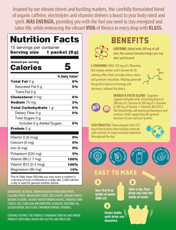 Hydration + Energy Sugar-Free Powder Packets |Electrolyte Agua Fresca Drink Mix, Caffeine & Theanine |Hibiscus, Horchata, Strawberry Watermelon |15 Single Serve Sticks |Low Calorie