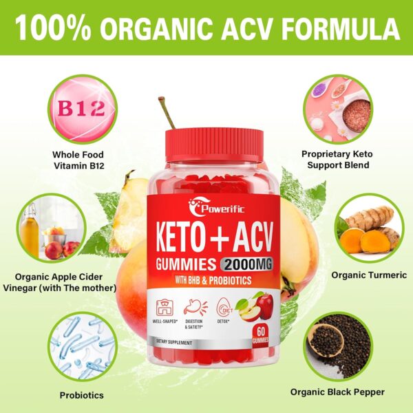 Apple Cider Vinegar Keto ACV Gummies with Mother, Max Strength Advanced 2000mg with Probiotics & Vitamin B12, for Digestion, Metabolism, Cleanse & Detox Diet, 60 Count