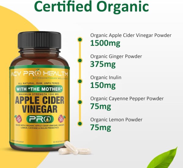 2-Pack ACV Pro Apple Cider Vinegar Capsules Certified Organic with Mother ACV Pills Detox Cleanse Acid Reflux Relief Support Supplement Ginger Root Cayenne Pepper Powder
