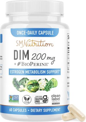DIM Supplement 200 mg | Estrogen Balance for Women & Men | Hormonal Acne, Hormone Balance, Menopause & Antioxidant Support | Clean Label Project Certified, Vegan & Soy Free Diindolylmethane | 60 Ct.