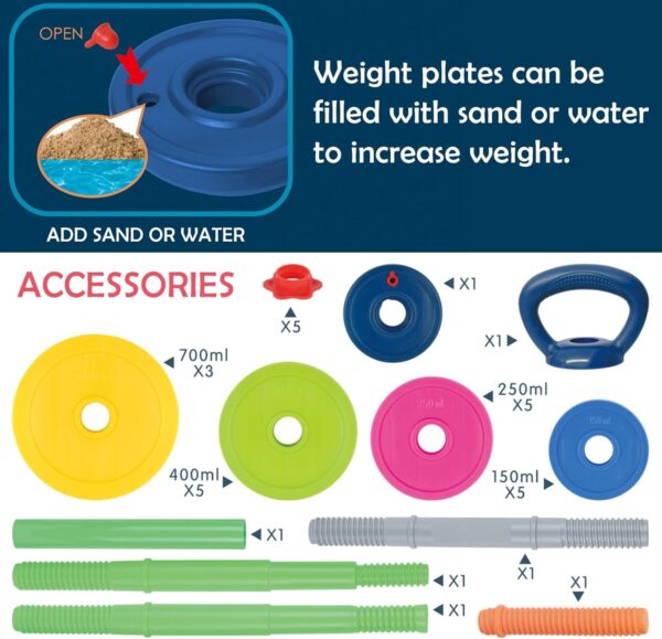 Kids Exercise Weight Set - 3-in-1 Adjustable Workout Toy Equipment for Children Pretend Play Exercise - Toddler Beginner Gym, Fitness, Weightlifting and Powerlifting (Dumbbell, Barbell, Kettlebell)