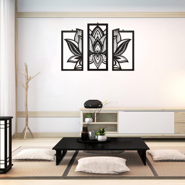 3 Pieces Lotus Flower Wall Art Mandala Carved Wooden Wall Hanging Home Decoration, Wood Art, Meditation/ Spiritual Decor (Black)