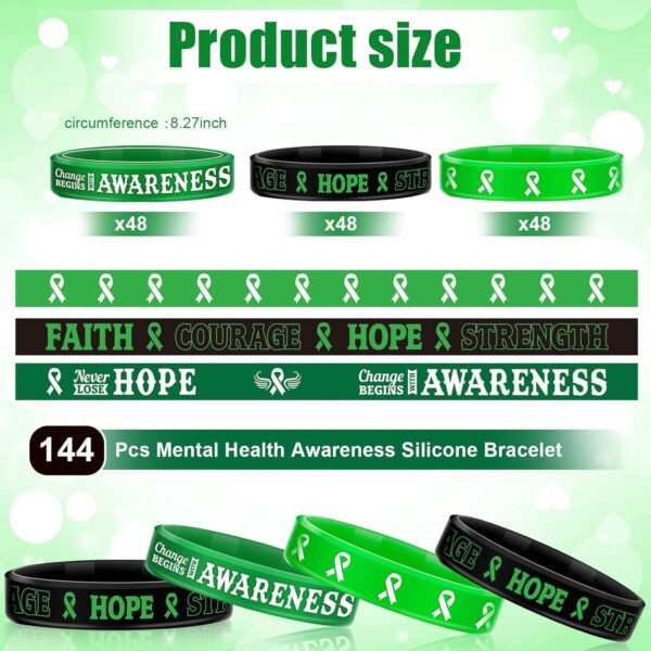 Sosation 144 Pcs Mental Health Awareness Bracelet Gifts Green Mental Faith Courage Hope Silicone Motivational Bracelets for Men Women