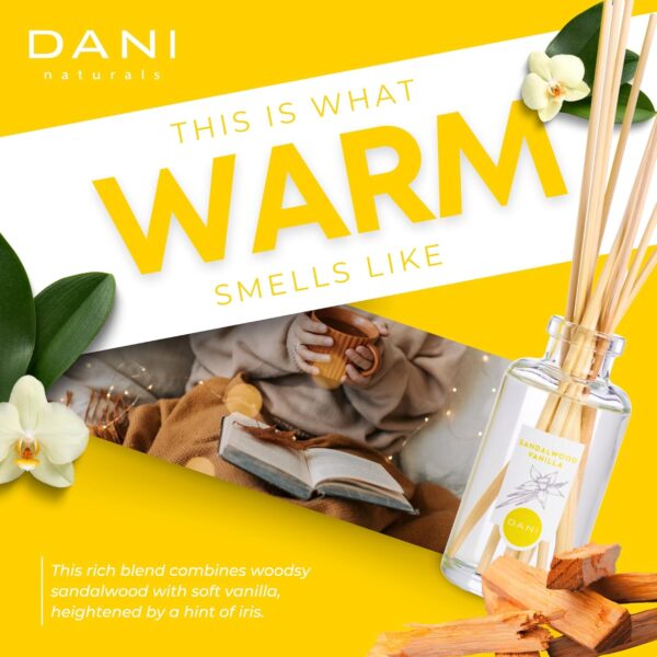 Natural Reed Diffuser Set by DANI Naturals - Warm Sandalwood Vanilla Scent - Aromatherapy Essentials Oils - Alcohol Free - 10 Diffuser Sticks - 3.5 Ounce Glass Bottle