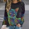 ZOCAVIA Women's Y2K Art Cat Sweatshirts Fall Abstract Cat Graphic Pullover Tops Long Sleeve Oil Painting Cat Printed T Shirts